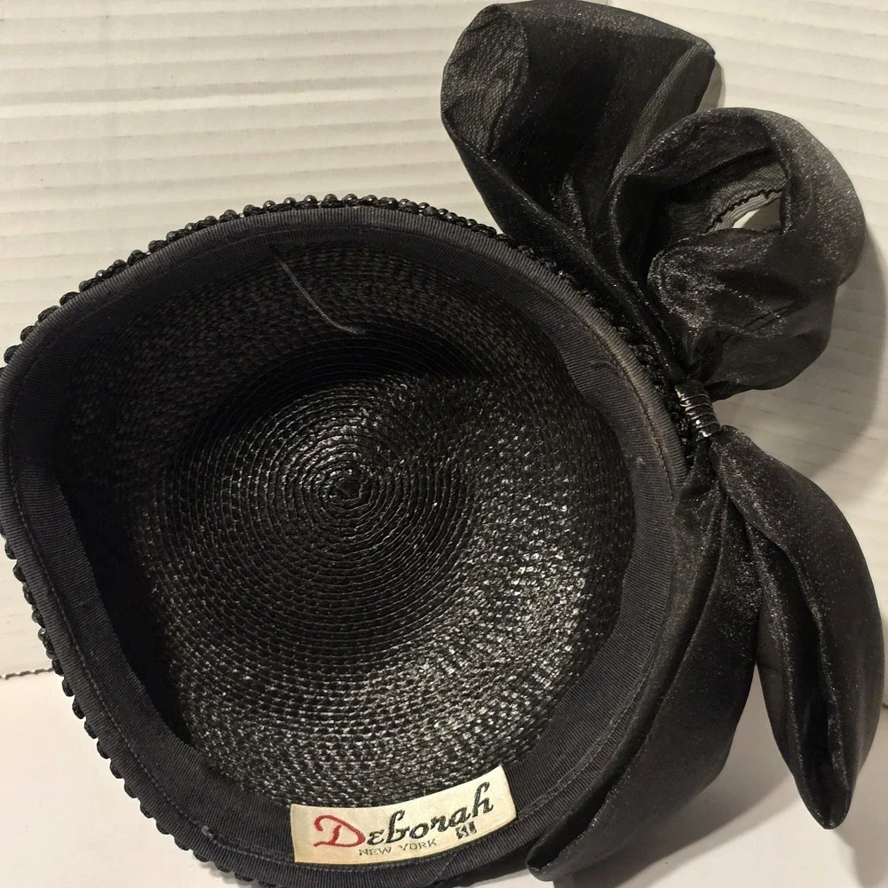 Vintage Deborah New York Black Woven Pillbox‎ Hat Beaded Trim Large Bow Accent
